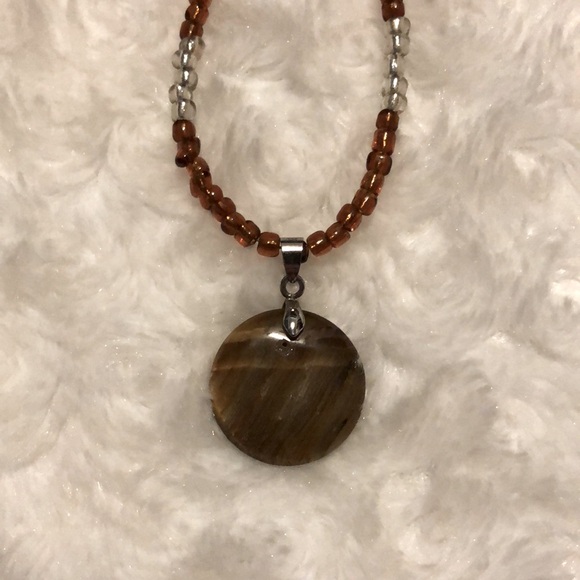 Tigers Eye Beaded Necklace Round Crystal Pendant Silver Tone Genuine Gemstone - Picture 3 of 6